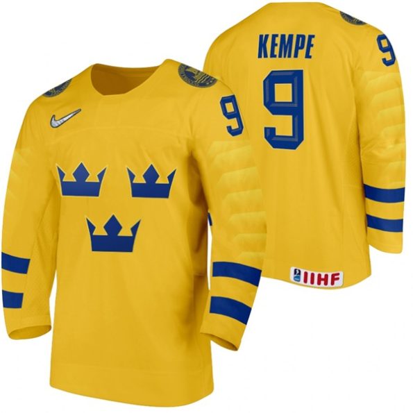 Sweden-Team-Adrian-Kempe-NO.9-Yellow-2021-IIHF-World-Championship-Home-Jersey