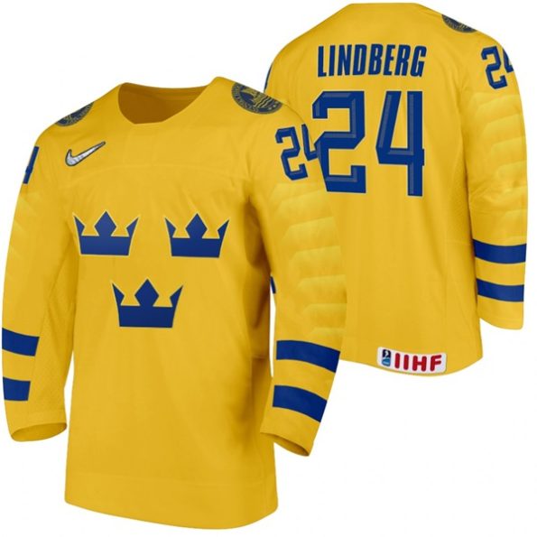 Sweden-Team-Oscar-Lindberg-NO.24-Yellow-2021-IIHF-World-Championship-Home-Jersey