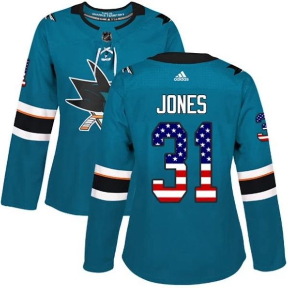 Womens-San-Jose-Sharks-Martin-Jones-31-Teal-USA-Flag-Fashion-Authentic