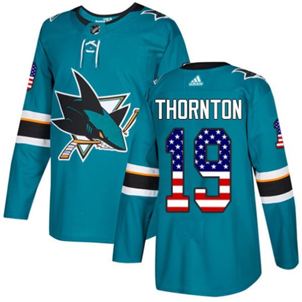 Youth-San-Jose-Sharks-Joe-Thornton-NO.19-Authentic-Teal-Green-USA-Flag-Fashion